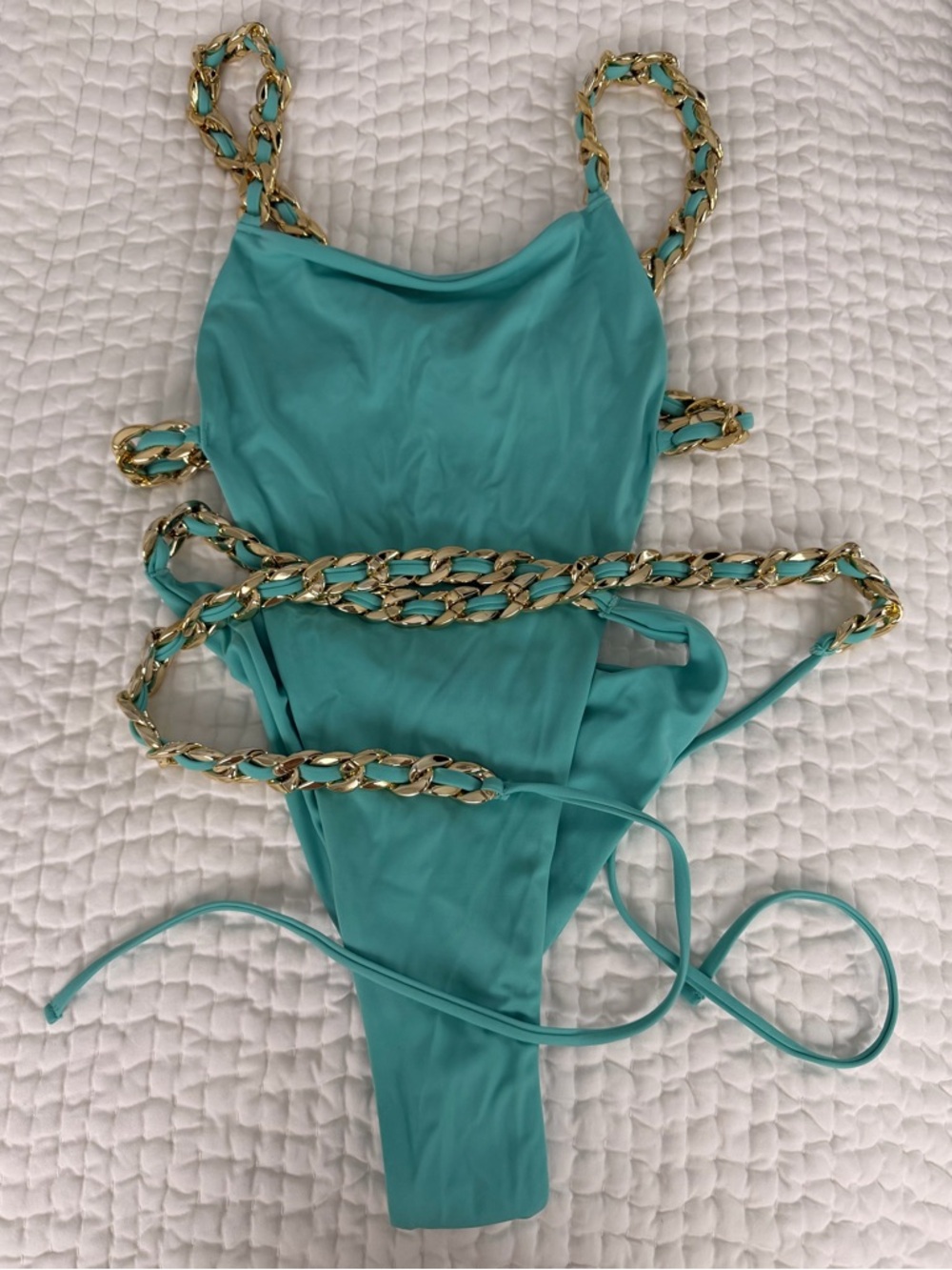 Turquoise One-Piece Swimsuit with Gold Chain Detail
